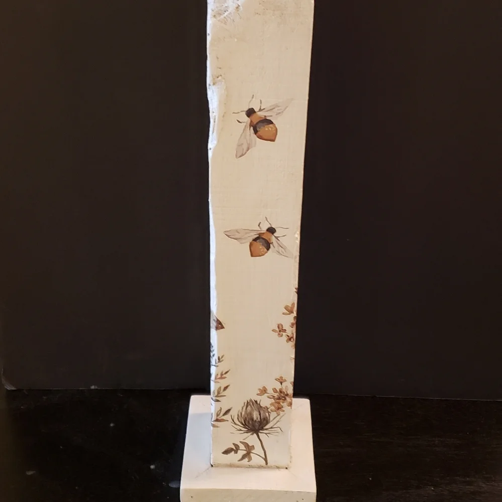 Upcycled Wood Candle Holder Farmhouse Bees Flowers Rustic